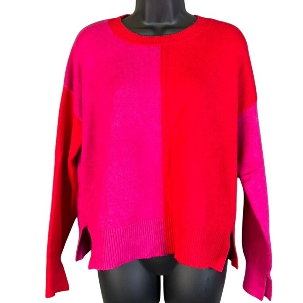 Magaschoni Womens Colorblock Red Pink Crewneck Knit Sweater Medium Side Slit